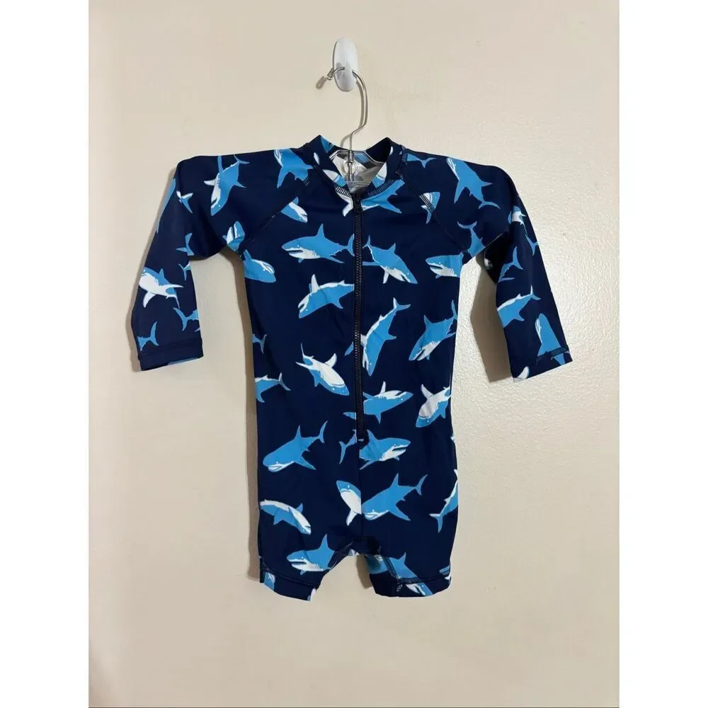 NWOT Hanna Andersson Zip-Up Shark Rash Guard One Piece Bath Suit Baby 18-24 Mons
